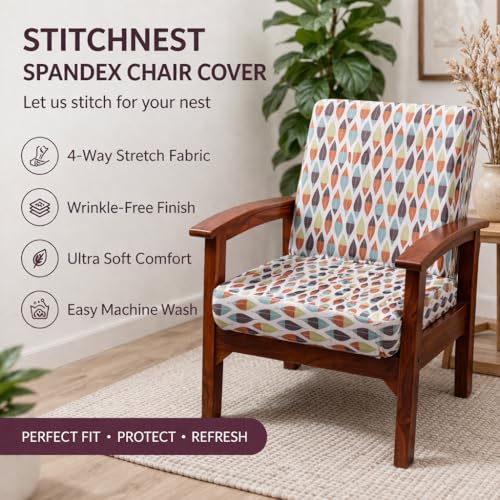 Image of STITCHNEST 'Contour Fit Series' Stretchable Printed Wooden Sofa Cover (Pack of 2) - Elastic Wooden Chair Cover | Wooden Sofa Seat Cover | Size - 20-21 x 20-21 x 3-5 in