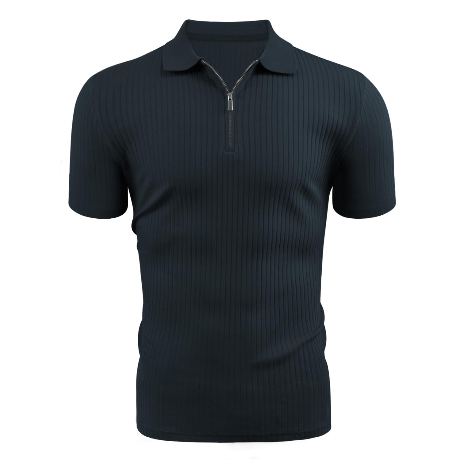 Gnvviwl Zipper Muscle Polo Shirts for Men Slim Fit Short Sleeve Cotton Ribbed Knit Golf Shirt Navy Blue