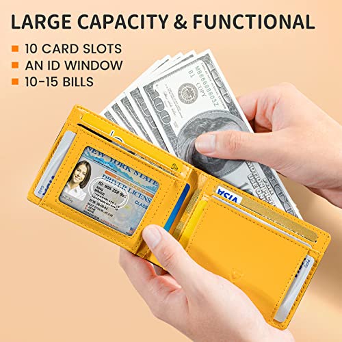 Image of GSOIAX Mens Slim Wallet RFID Blocking Bifold wallets for men Minimalist Genuine Leather Carbon Fiber Card Holder Money Clip Thin Mens with Gift Box (Brown and Yellow)