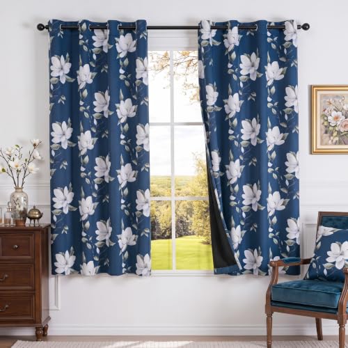 Image of MYSKY HOME Floral 95% Blackout Curtains 54 Inch Long 2 Panels Set for Kitchen White Flower Printed Thermal Insulated Light Blocking Black Out Grommet Window Treatments, 52 inch W Each Panel, Blue