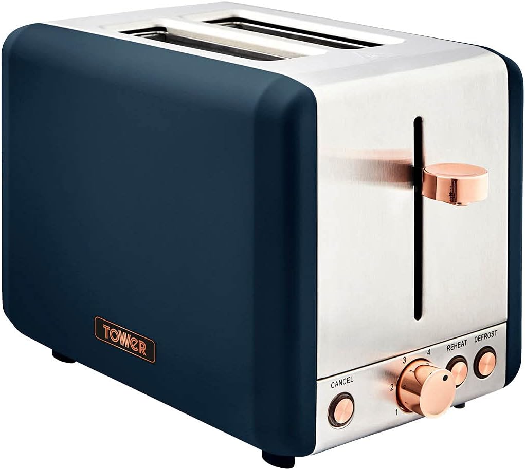Tower T20036MNB Cavaletto 2-Slice Toaster with Defrost/Reheat, Stainless Steel, 850W, Midnight Blue and Rose Gold