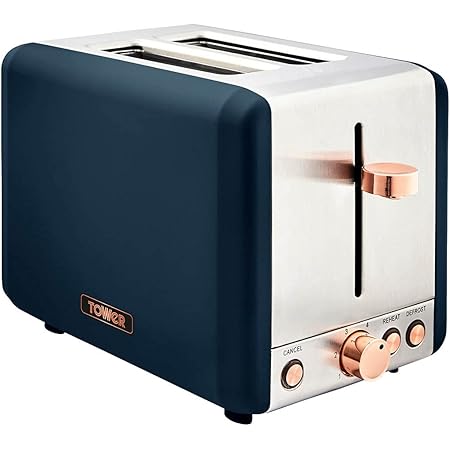 Tower T20036MNB Cavaletto 2-Slice Toaster with Defrost/Reheat, Stainless Steel, 850W, Midnight Blue and Rose Gold