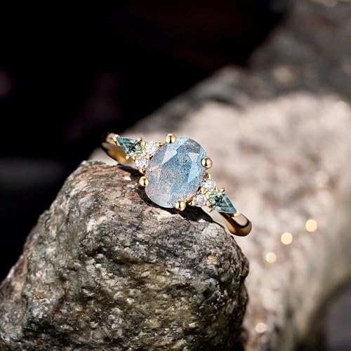 Labradorite and Moss Agate Engagement Ring, Oval Cut Rose Gold Ring with Side Stones, Nature-Inspired Solitaire Ring, Custom Promise Ring for Women4