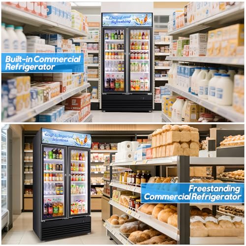 Image of Commercial Display Beverage Fridge, 40″ Double Glass Door Refrigerator, 28.1 Cu.Ft Large Capacity with 8 Adjustable Shelves, Upright Cooler for Shop, Bar & Restaurant