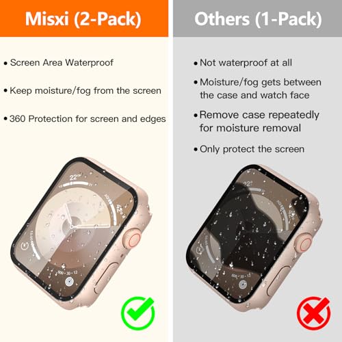 Image of Misxi [2 Pack] Waterproof Hard Case with Tempered Glass Compatible with Apple Watch Series 9 Series 8 Series 7 41mm, Ultra-Thin Cover for iWatch Screen Protector, 1 Rose Gold + 1 Transparent