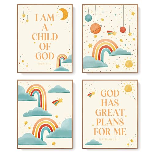 Image of LARTSFRO Kids Bible Wall Decor, 'I Am a Child of God', Inspirational Bible Verses Boho Decor for Nursery, Christian Wall Art, Gifts for Kids - 10x8 Inch, Set of 4 Unframed