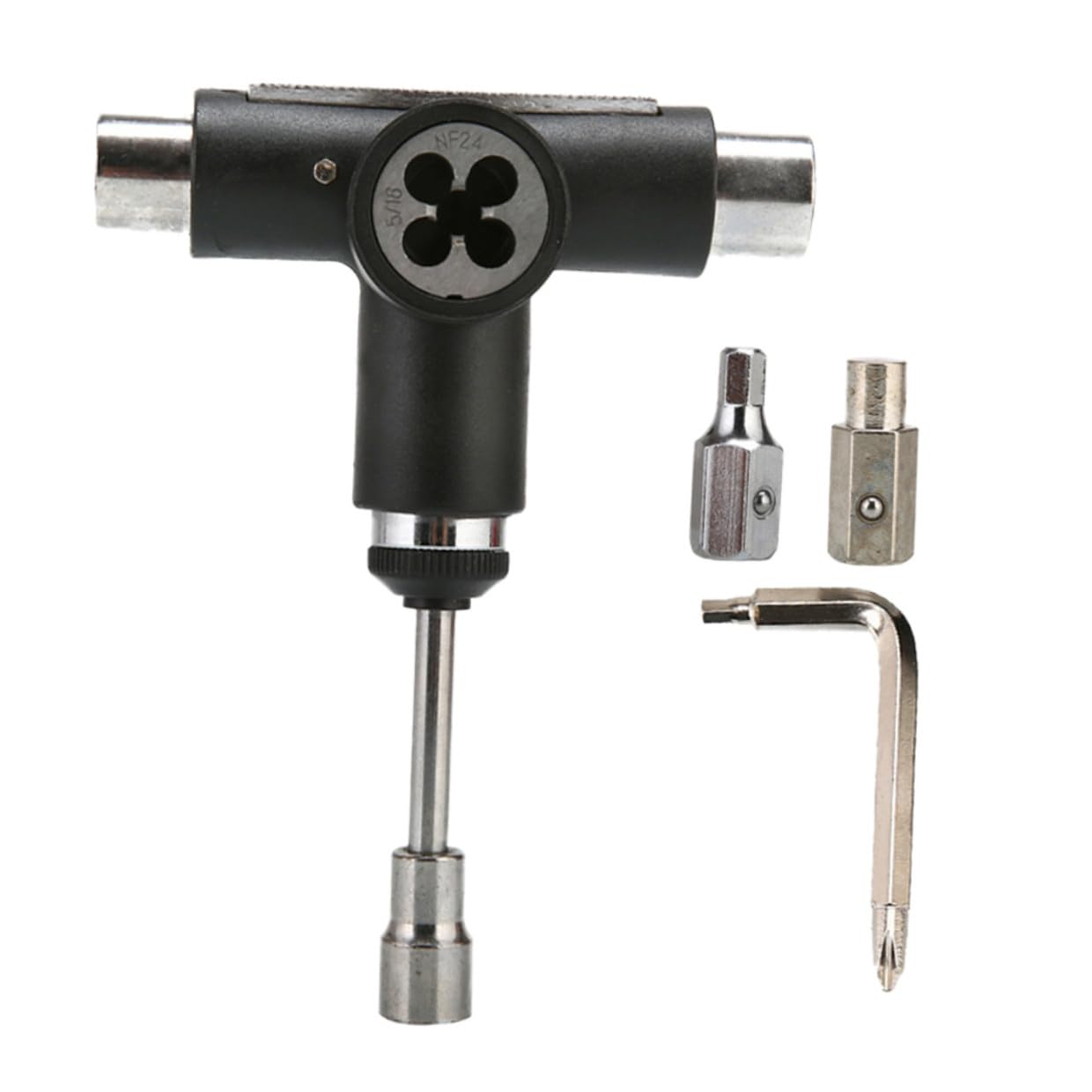 Herramienta T Multifuncional para Skate Portátil Todo Uno Acero Resistente con Ratchet Compatible con Monopatines Longboards y Cruisers Ligera y Compacta Negra