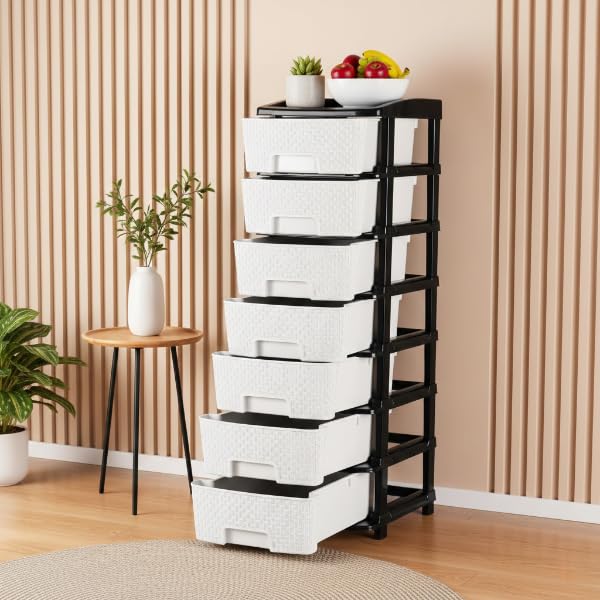 Image of Plastic Modular Drawer Storage Chest Of Drawers Organizer Storage Box, Large Stomo Racks For Multipurpose Anti-slip Shoes Organizers (White & Black, 7 Layer)