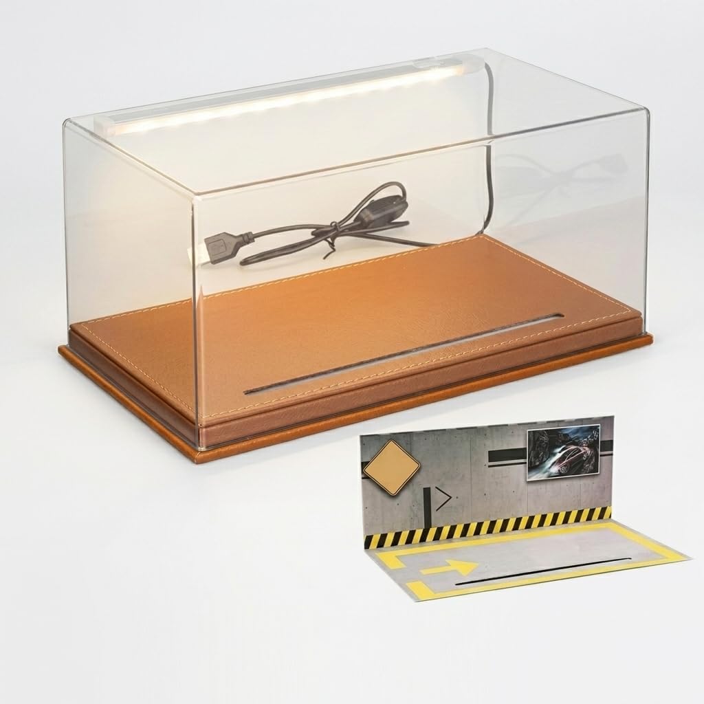Alloy Vehicle Display Case Box Stand Housing Acrylic Cover Leather Base Solid Wood Frame LED Lighting Dustproof Suitable for Collectors Home , Brown Base with Lights