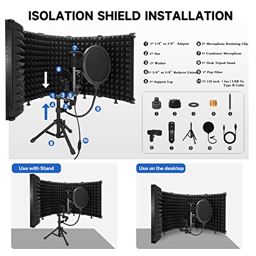 Microphone Isolation Shield & Pop Filter For Vocal Recording Cilp On Metal Tri-Stand With Usb Computer Smartphone Gaming Streaming Condenser Monitor Mic Studio Kit Equipment To Pc Laptop Smartphone #TOP4