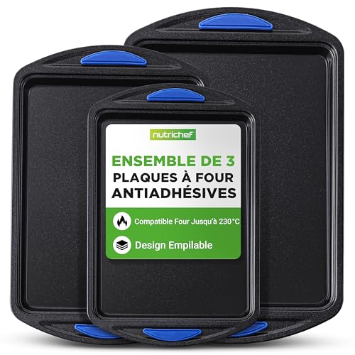 NutriChef Set de 3 Plaques de Cuisson en Acier au Carbone - Plaques à Pâtisserie Antiadhésives - Moules de Cuisson pour Four avec Poignées en Silicone -...