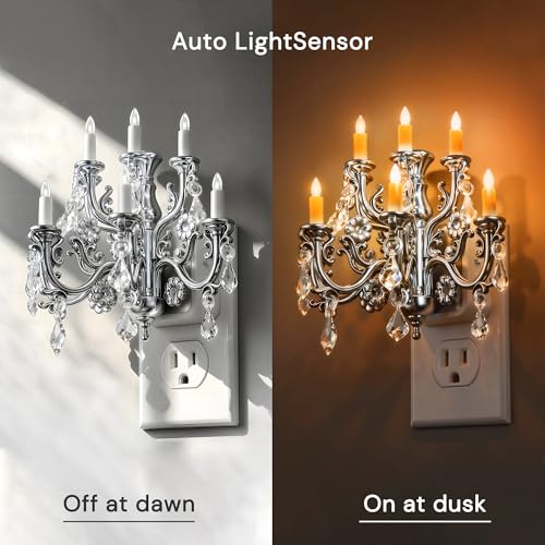 Image of L LOHAS LED Night Lights Plug into Wall,2 Pack,Crystal Chandelier Candle | Nightlight with Dusk to Dawn Sensor,Brightness Adjustable,Amber,Rotatable Plug for Bathroom