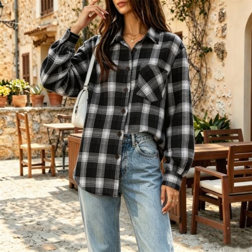 Black Plaid Shirts for Women Button Down Fashion Jacket with Chest Pocket - image 3
