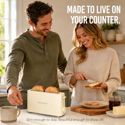 Image of Nostalgia Slim 2-Slice Toaster - Wide Slot - Space-Saving Design - Adjustable Browning Dial - 10-inch Long Slot Fits 2 Slices of Bread or Bagel Halves - Drop-down Crumb Tray - Oatmeal