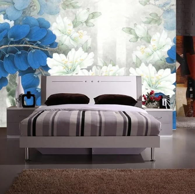 Photo murale style chinois bleu pour masquer un mur vide et agrandir une chambre 3D