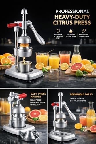Image of Manual Citrus Juicer Heavy Duty Aluminum Hand Press - Professional Fruit Juicer for Orange, Lemon, Lime & Pomegranate - Easy Press, Durable, Kitchen Countertop Juice Extractor (Silver Grey)