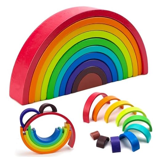 KOUHA Regenbogen Holz Spielzeug Regenbogen Bausteine Holz Vorschule Stapeln Spielzeug 10 Teiliger Bogen für Kinder 18.5x9.5x3cm (10 Farben)