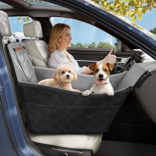Tivray Erhöhter Hundesitz fürs Auto, Hunde Autositz für kleine & mittlere Hunde bis 16 kg, Abnehmbar & Waschbar, Memory Foam Hundesitz mit 2 Taschen & 3 Sicherheitsgurten, Schwarz+Grau