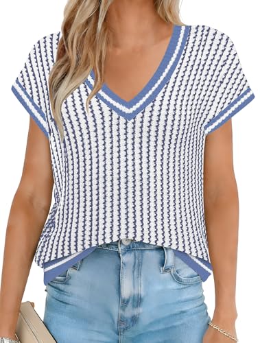 Image of SAUKOLE Women's Sweater Vest Casual V Neck Cap Sleeve Knit Pullover Tops | 2026 Spring Clothes, Soft Knit Shirts, Short Sleeves T-shirts, Tunic Blouses, Sweater Tank Tops