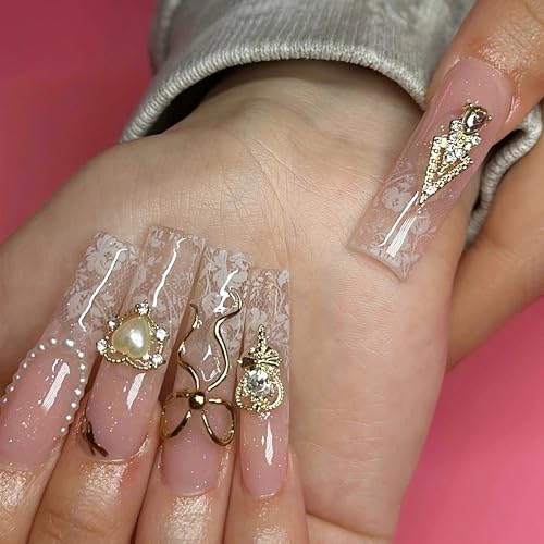 MERVF Long Press on Nails Square Fake Nails White Print French Ti...