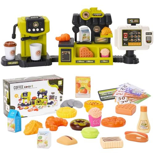 44‑Teilig Kinder Kaffee‑Set Spielzeug Mit Kaffeemaschine,Registrierkasse & Spiellebensmittel,Kaufmannsladen Rollenspiel Geschenk für Mädchen & Jungen