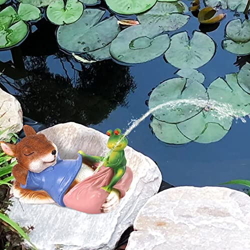 Funny Garden Decor Frog Squirrel Friends Sculpture Statue, Animal Collectible Piped Pond Spitter，Pump With Power Switch, Hand-Painted Frog Statue Water Feature Squirrel Figurine Gift #TOP5