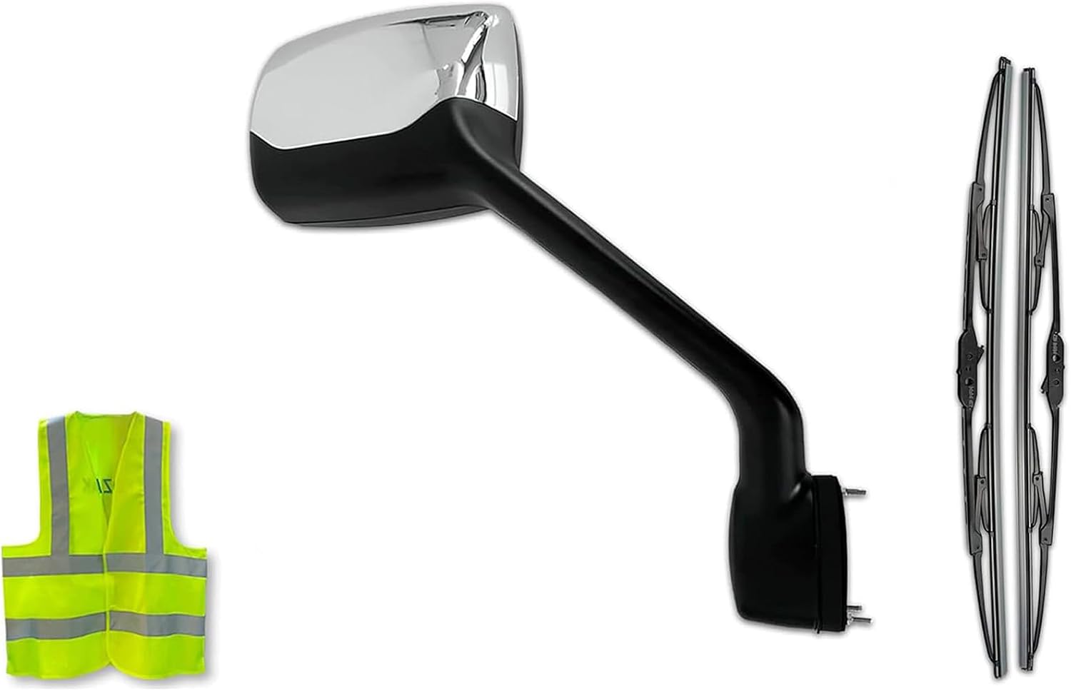 Kozak Chrome Finish Hood Mirror Right (Passenger Side) Compatible with Peterbilt 587 Semi Trucks - Truck Parts - PLUS 2x22 Inch Windshield Wipers, Logo and KOZAK Vest