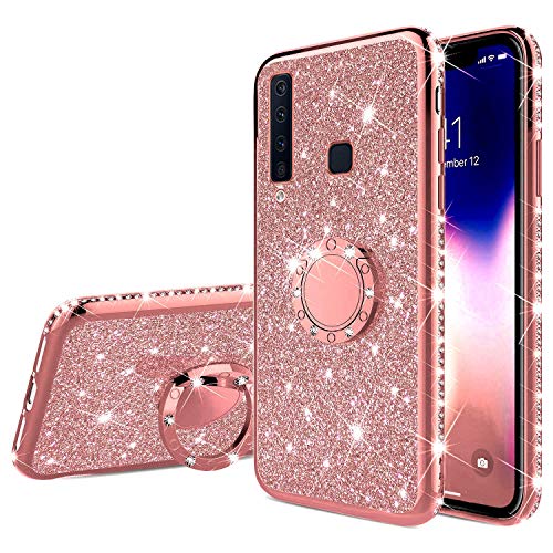 Robinsoni Case Compatible with Samsung Galaxy A9 2018 Phone Cover Flexible Galaxy A9 2018 Case Sparkle Silicone Case Diamond Edge Bling Case 360 Degree Rotation Ring Cover Ultra Thin Cover,Rose Gold