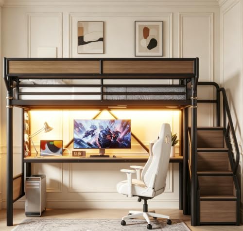 Image of Bellemave Twin loft Bed with Storage Stairs, Wardrobe, Shelves, Metal Twin Loft Bed Frame for Adults, Kids, Teens, Black+Natural Wood with Black Stairs