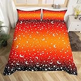 Picture of Gradient Black Orange Red Comforter Cover Full Size,Cute Stars Moon Print Duvet Cover with 2 Pillowcases,3 Piece,Girly Glitter Galaxy Space Polyester Bedding Set for Boys Teens Bedroom Decor