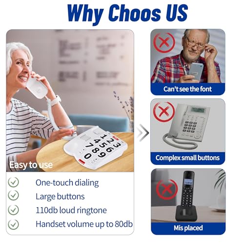 Large Button Phones for Seniors - Corded Landline Phones with Adjustable 110dB+ Loud Ringer & 90dB+ Handset Volume, 3 One-Touch Dial, Easy to Use for Visually/Hearing Impaired Elderly Home Telephone - Image 5