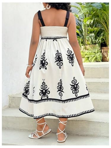 Floerns Girl's Summer Boho Tie Shoulder Square Neck Dress Shirred A Line Flared Long Dress Beach Sundress2