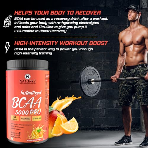 Image of NATURYZ Instantized BCAA 5000 PRO |5G Vegan BCAAs | Glutamine | Citrulline | Electrolytes | 0 Added Sugar | Powerful Intra Workout Amino for Lean Muscle Growth, Strength, Quick Re-Hydration & Instant Energy - 300g(Mango Orange Mix)