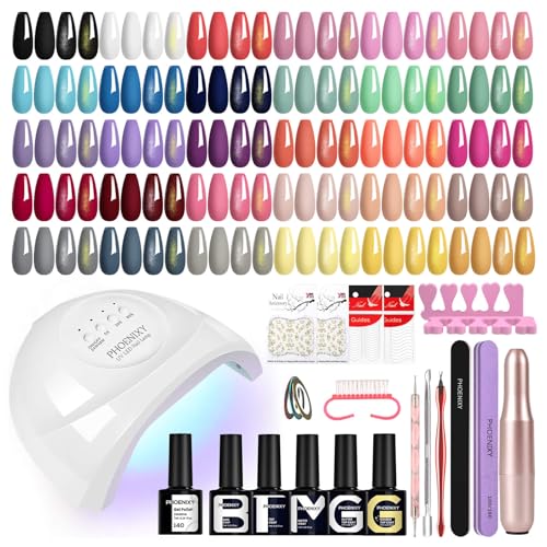Phoenixy Gel Nail Polish Set, 51Pcs Gel Nail Kit with Drill and Lamp, 30 Colours White Red Purple Gels Polish Set with Full Tools, Base Glossy Matte Glitter Golden Top Coat, Gifts for Women