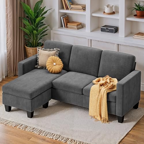 Xbro Ecksofa L-Form 3-Sitzer mit beweglichem Fußhocker, kleines Ecksofa aus weichem Cordstoff, 188 × 136,5 × 89 cm, Dunkelgrau