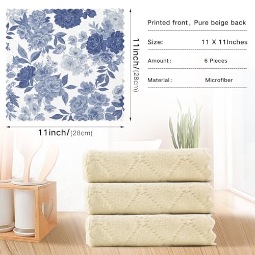 Image of Cotton Kitchen Dish Cloths, Blue Grey Flower Pattern Ultra Soft Absorbent Quick Drying Dish Towels, 11 x 11 Inches, 6-Pack, Reusable Cleaning Cloths