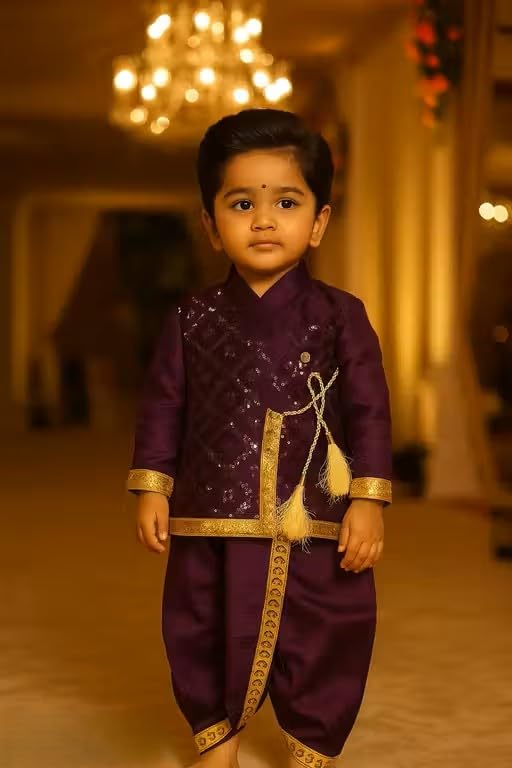 Image of Boys Ethnic wear Cotton Sequined Punjabi set | Stylish and Perfect Indian Outfit for kids-Yellow|Boys ethnic set