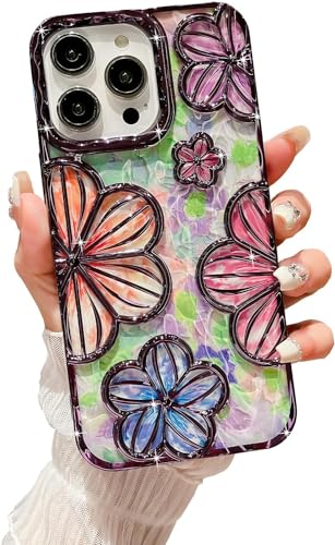 CINCH Designed for iPhone 14 Pro Cover| Electroplating Bling Colourful Floral 3D TPU Camera Protection Back Cover Case for Women Girls (Purple)- Best and cheap mobile covers in India