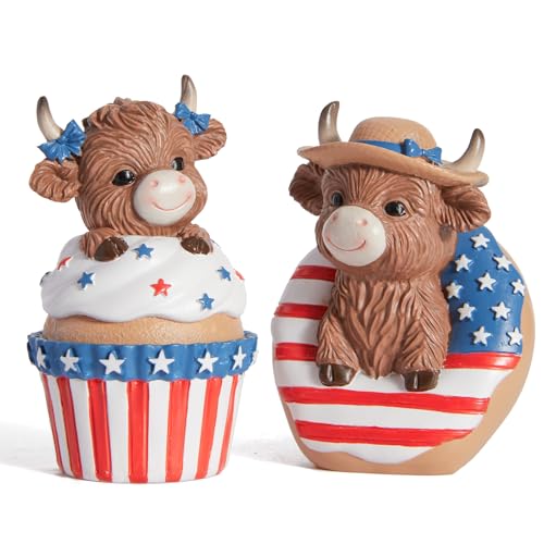 WDS WONDROUS Patriotoc Decor Highland Cow Figurines, 4th of July & Memorial Day Decorations Independence Day Red White Blue Resin Statues in Dessert for Home Garden Office Tiered Tray Table Decor