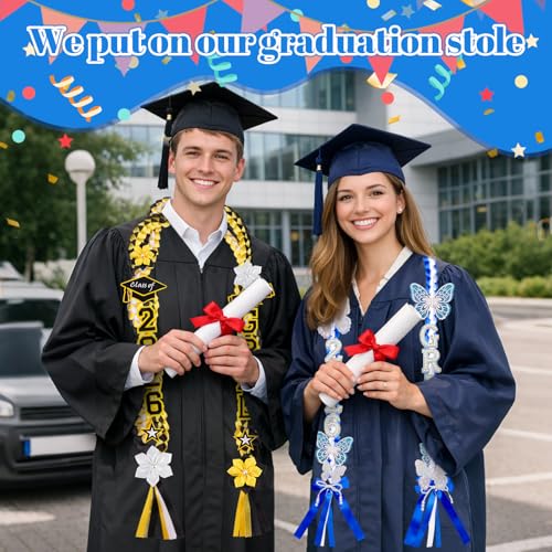 Image of Class of 2026 Graduation Leis,Blue& White Bow Pearl Graduation Lei Ribbon with DIY Butterfly Pin Accessories,Her Graduation Gifts for Woman Graduate