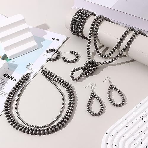 SONNYX Navajo Pearl Jewelry Set for Women - Pearl Necklace, Beaded Bracelet, Dangling Earrings, Multilayer Boho Vintage Choker Necklace - Western Jewelry for Cowgirl4
