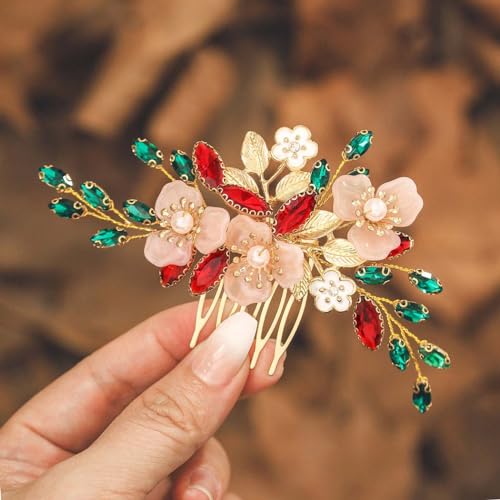 IYOU Mariée Mariage Peigne à Cheveux Rouge Fleur Mariées Coiffe Cristal Baroque Invitées Accessoires de Cheveux pour Femmes