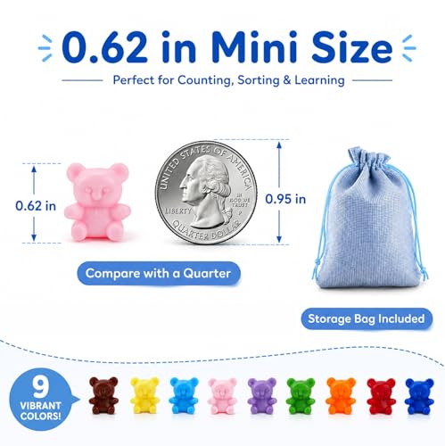 Image of XINHUIDALSQ 180 Pcs Counting Bears, 0.62'' 9 Colors Rainbow Counting Mini Bears with Storage Bag, Plastic Sorting Bear Counters Math Manipulatives for Ages 3+ Kids, Back to School Supplies