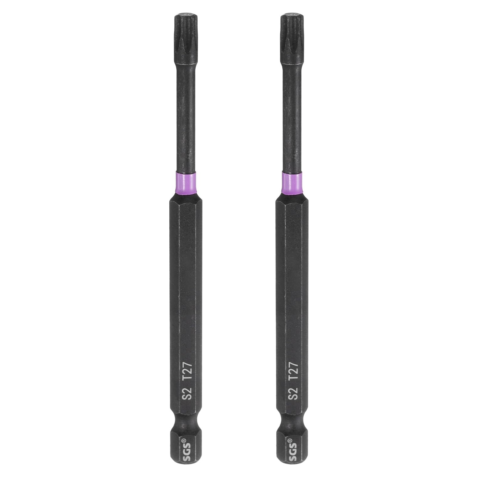 sourcing map 2pcs T27 Torx Head Impact Screwdriver Bits 1/4" Hex Shank 4" (100mm) Long Magnetic No Hole Tamper Proof 6 Point Star Screw Driver Drill Bits Phosphate S2 Steel Power Tools