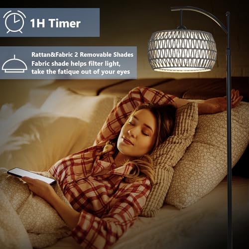 Image of Arc Floor Lamp for Bedroom, Boho Standing Lamp with Remote & LED Smart Bulb, Rattan Floor Lamps for Living Room with 3 Color Temperatures, Height Adjustable Corner Tall Lamp, Stand up Light for Office