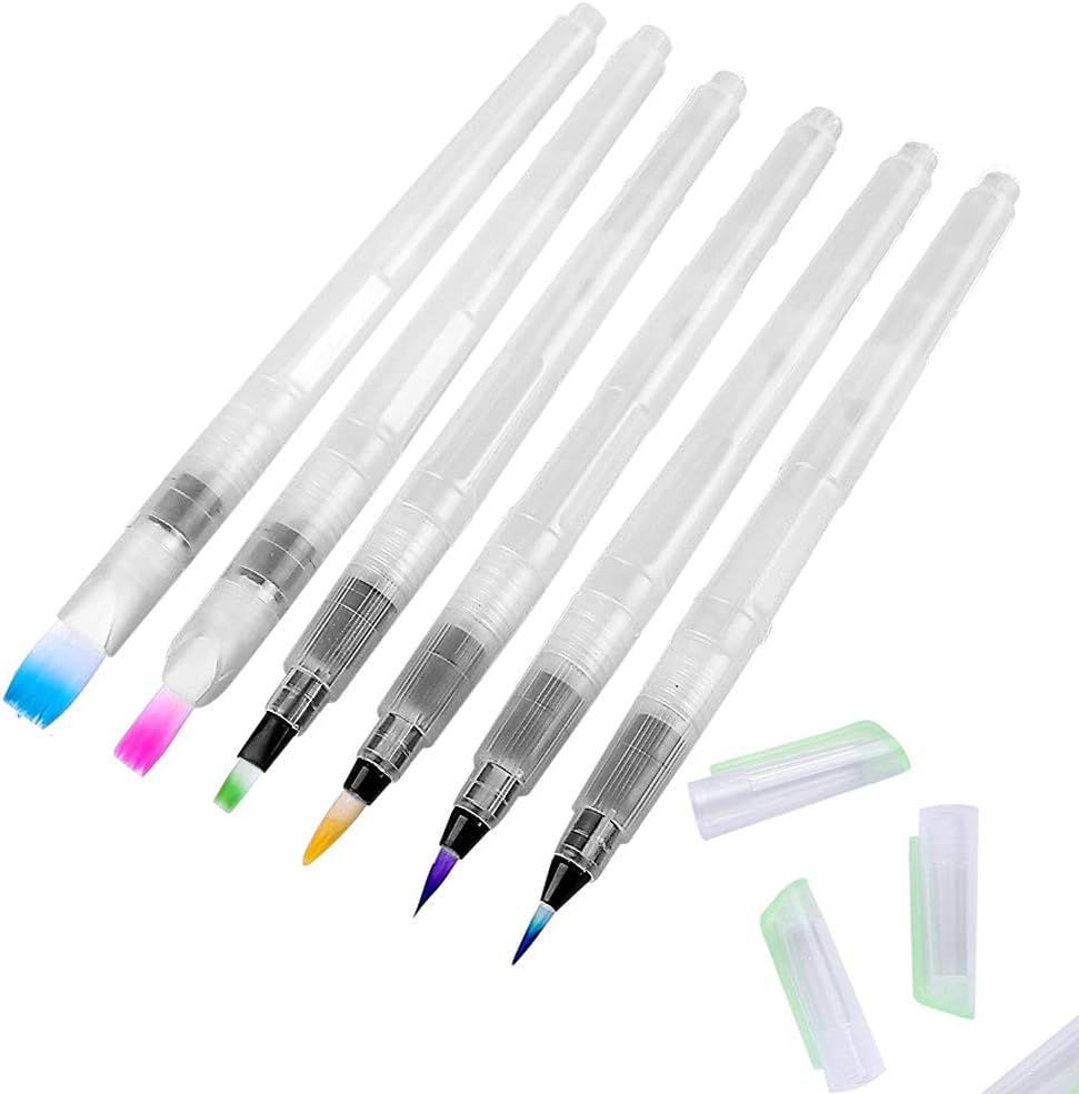 Water Coloring Brush Pens Watercolor Brushes Set of 6 Brush Tips for Watercolor Painting Water Soluble Pencils Brush Pens Markers Solid Colors Powdered Pigment or Cosmetic Container Pen Tube (6 Pcs)