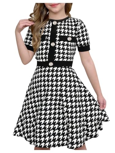 SOLY HUX Girl's Plaid Dress Short Sleeve Crew Neck Houndstooth Button A Line Short Dresses
