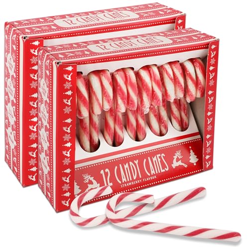 Weihnachtliche Zuckerstangen Erdbeere Geschmack - 24 rot-weiße Candy Canes 12g pro Stück - in roter Geschenkbox - Perfekt für Weihnachtsdeko Baumdeko & als Süßigkeit für den Weihnachtsteller