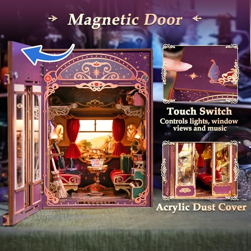 Image of Tonecheer DIY Book Nook Kit for Adults, Miniature Infinity Train Cabin Magical Vintage Carriage Model, Wooden 3D Puzzle Dollhouse Booknook Decorative Bookend Gifts (Magical Journey)