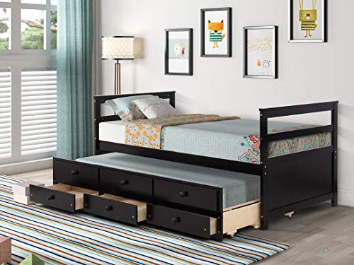 Daybed with Trundle and Two Storage Drawers, Extendable Wood Twin Size Trundle Daybed with Roll Out Bed Frame, Kid Teens Adults Dual-use Sturdy Sofa Bed for Bedroom Living Room (Brown)